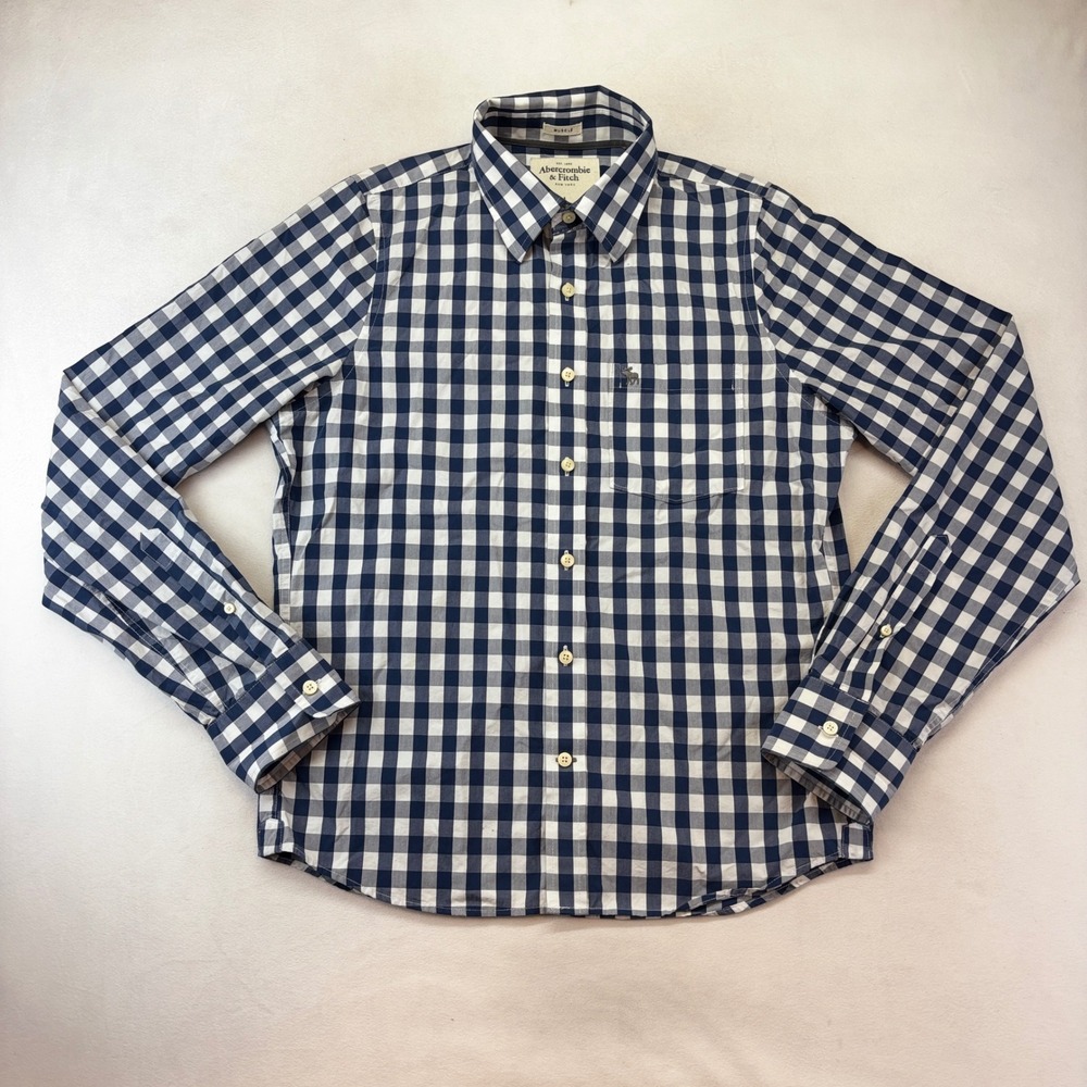 Abercrombie & Fitch Button Down Mens Large Navy Blue Gingham Muscle Fit Shirt